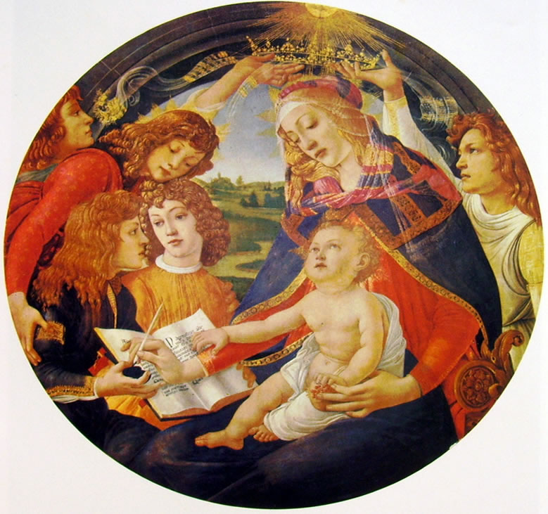 Botticelli: Madonna del Magnificat, diametro 118 cm., Galleria degli Uffizi, Firenze.